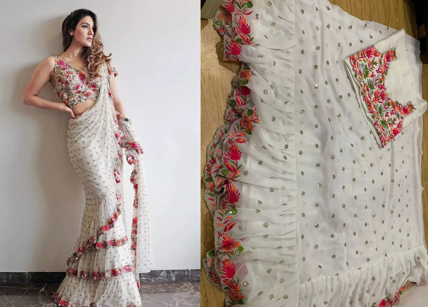 Stunning White Ruffle Saree with Designer Party-Ready Detailing