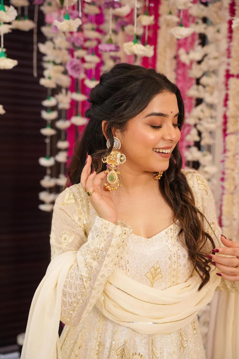 White Lakhnavi Embroidered Anarkali Suit Set with Dupatta