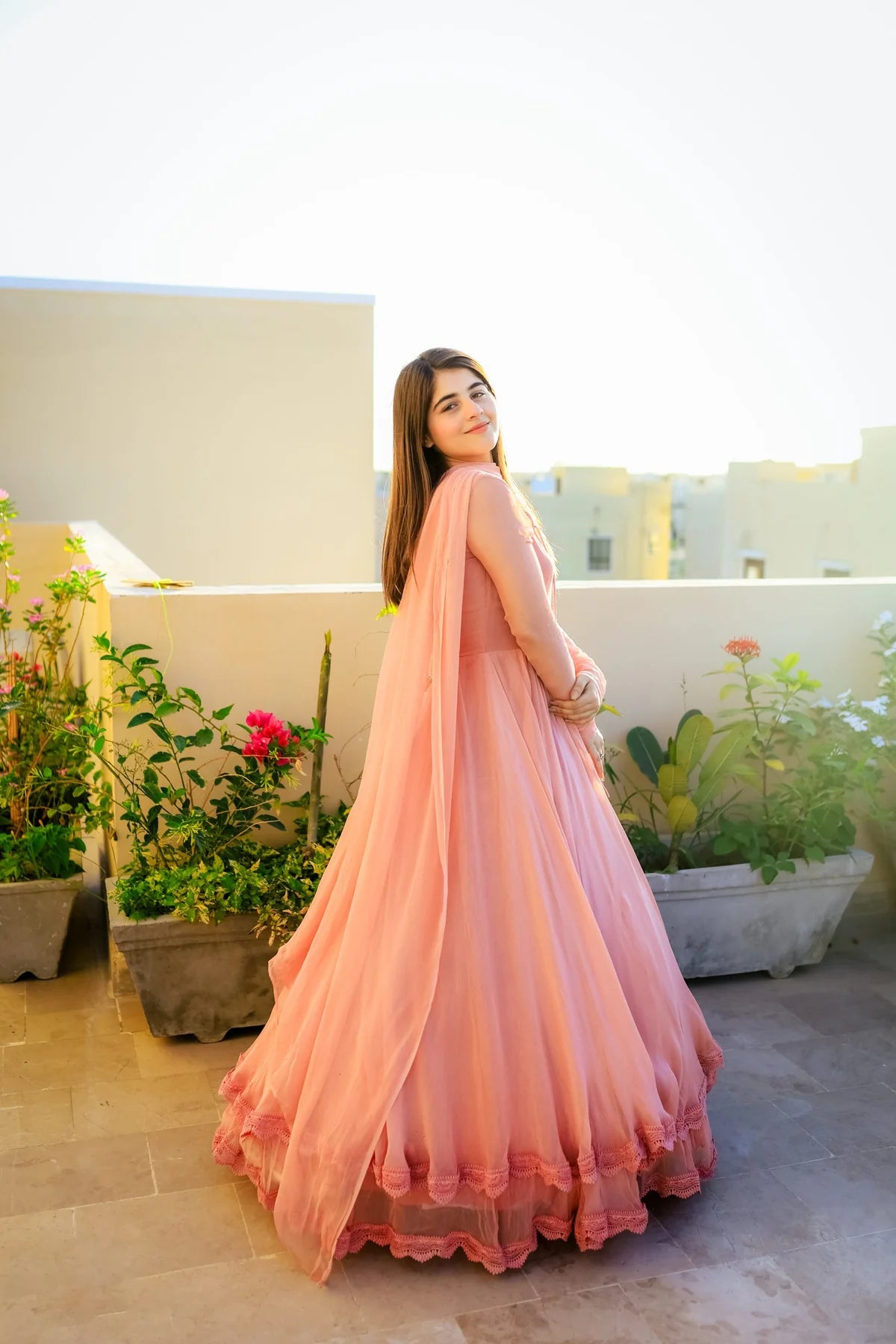 Solid Peach Double-Layered Anarkali Gown with Dupatta