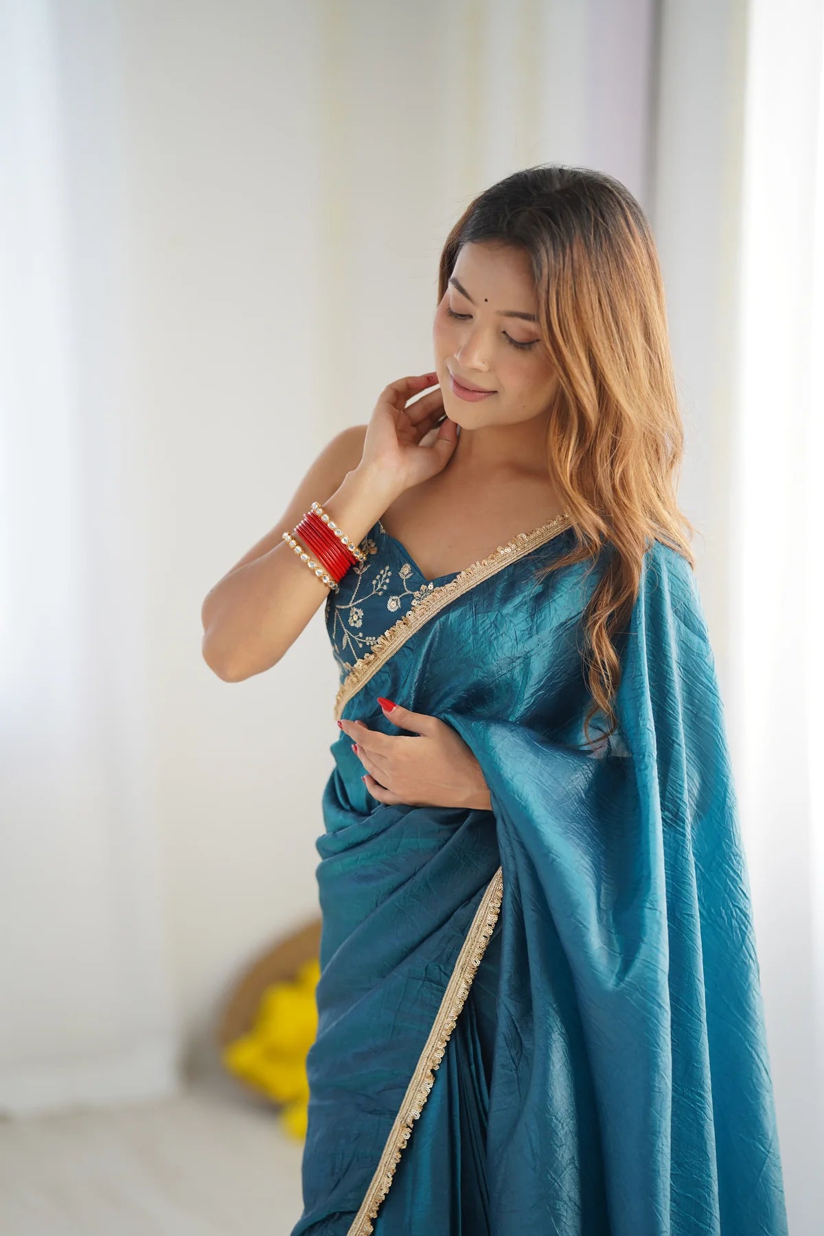 Teal Blue Pre-Draped Tissue Silk Saree with Shimmer Elegance