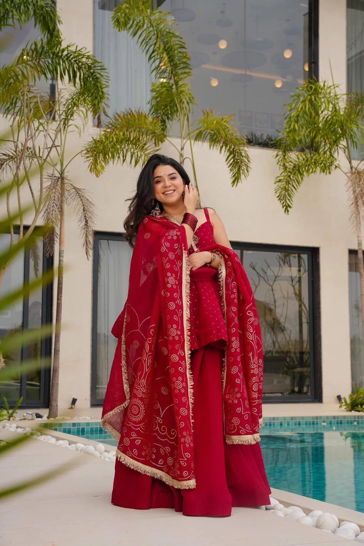 Amazing Red Organza Palazzo Suit with Mukesh and Embroidery Work