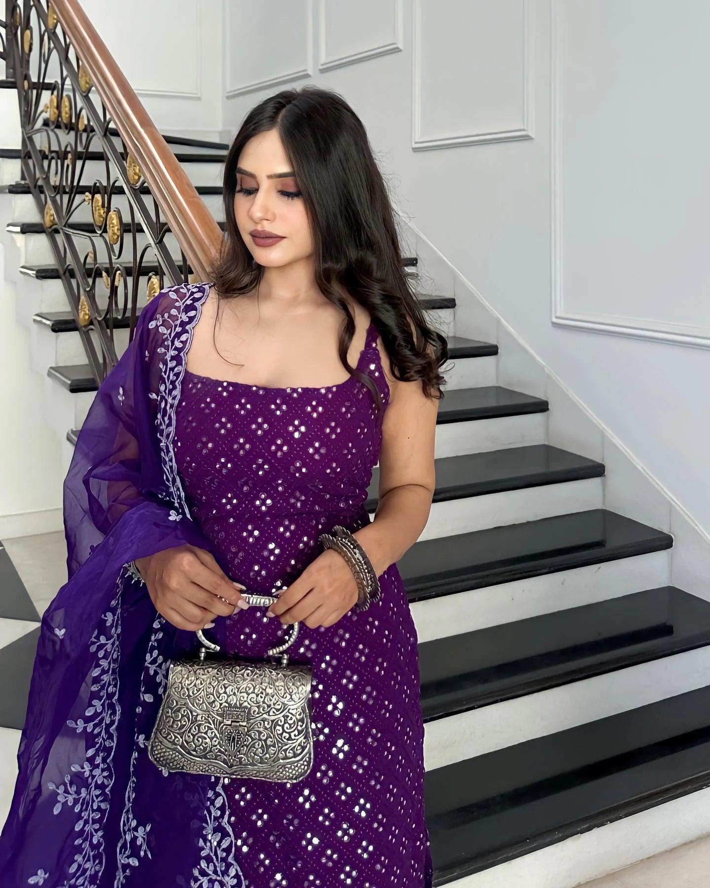 Festive Royal Purple Embroidered Sharara Suit with Kurti & Dupatta