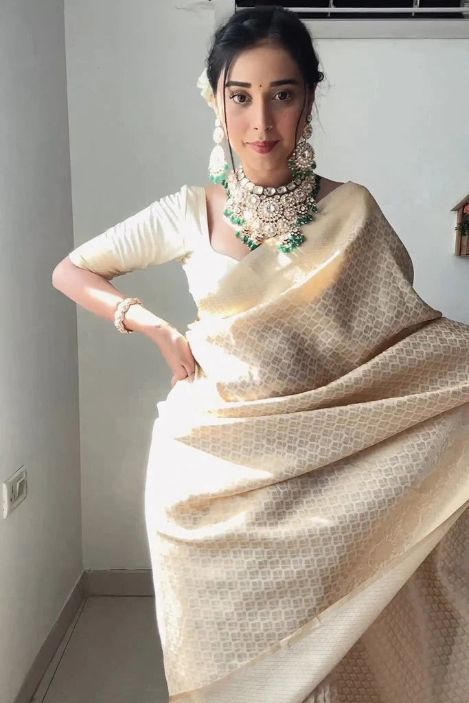 Beige Ready-to-Wear Kanjivaram Silk Saree with 1-Minute Drape Design