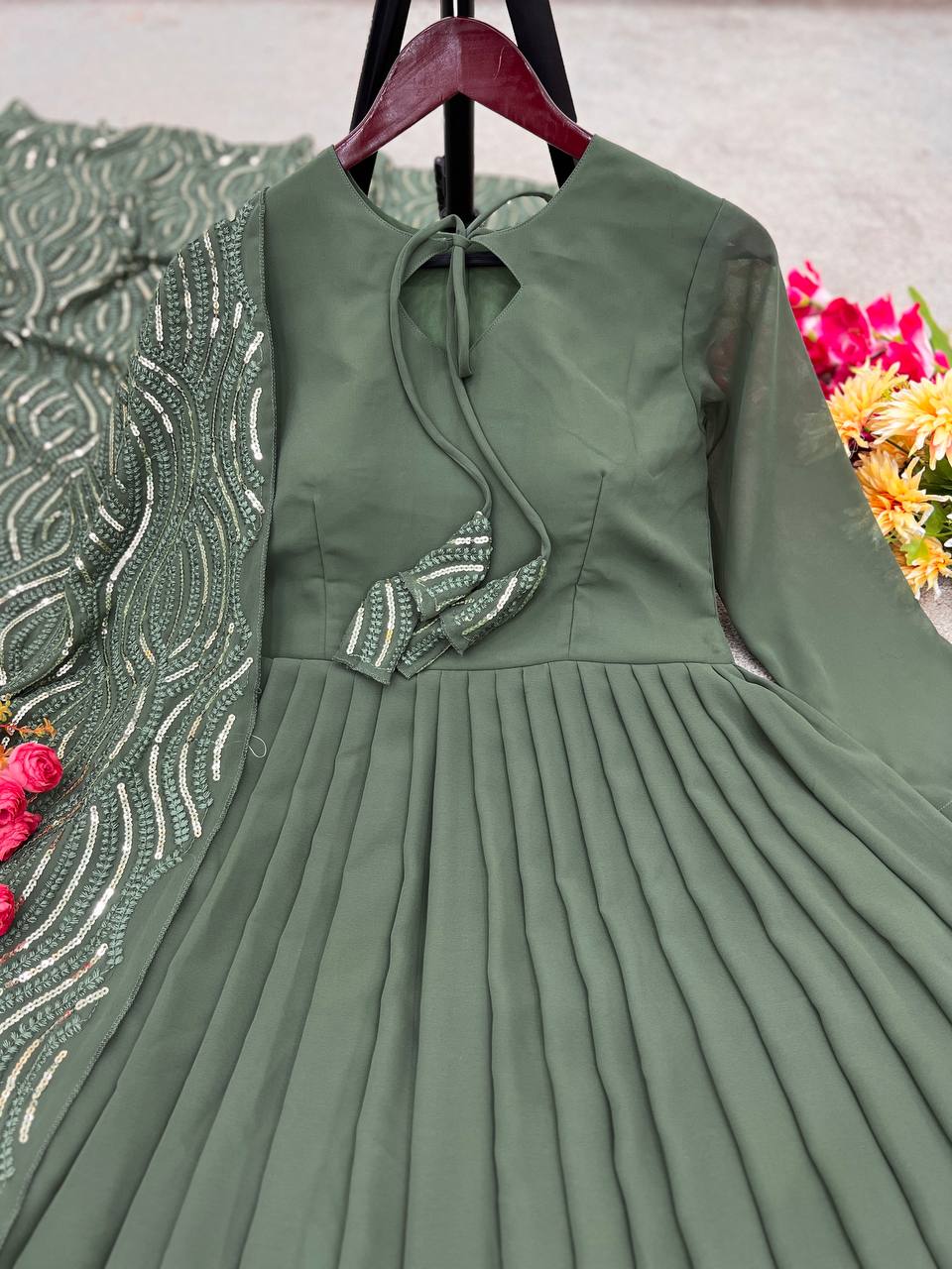 Mehndi Green Embroidered Ceremony Gown with Matching Work Dupatta