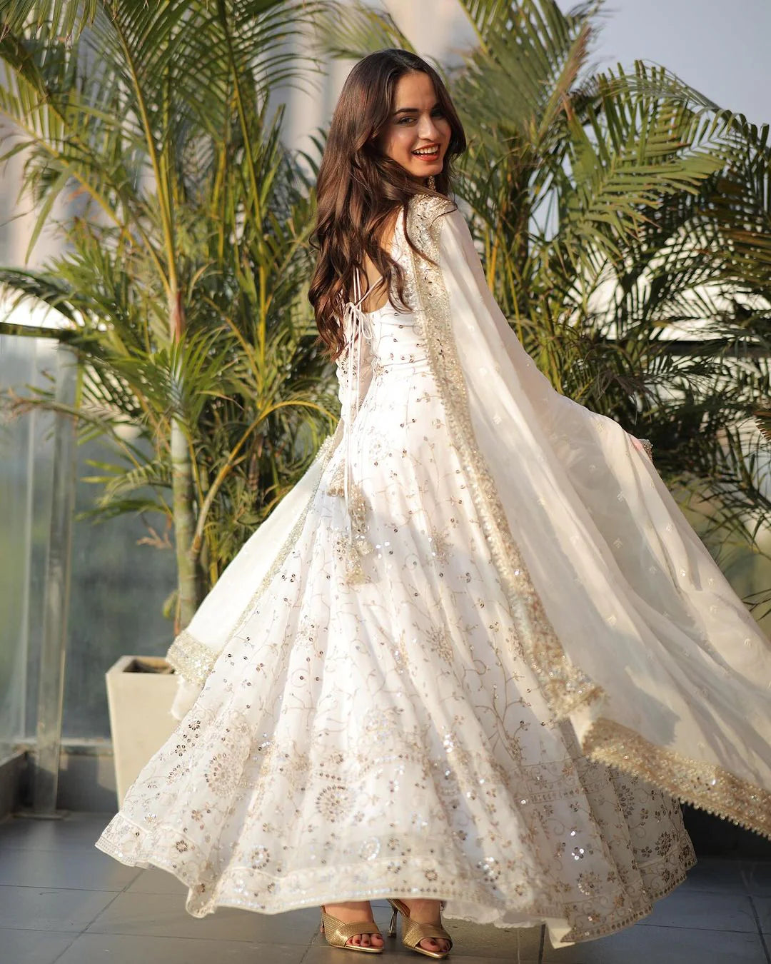 Regal White Georgette Anarkali Gown with Full Heavy Embroidery Work