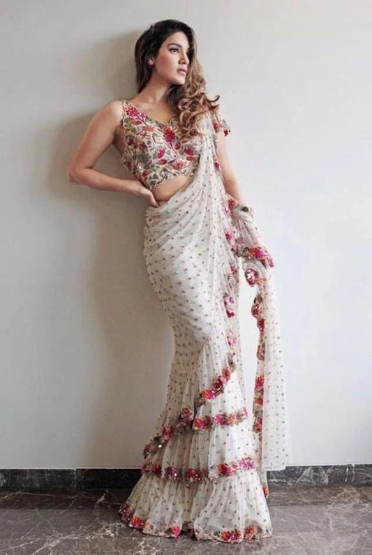 Stunning White Ruffle Saree with Designer Party-Ready Detailing