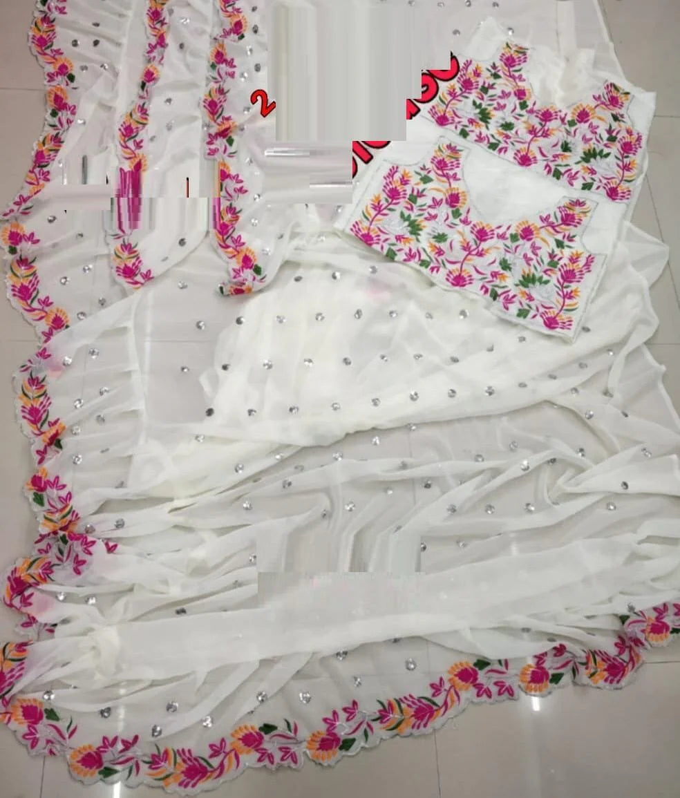 Stunning White Ruffle Saree with Designer Party-Ready Detailing