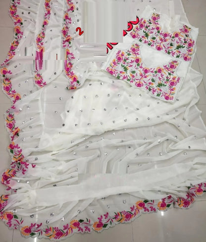 Stunning White Ruffle Saree with Designer Party-Ready Detailing