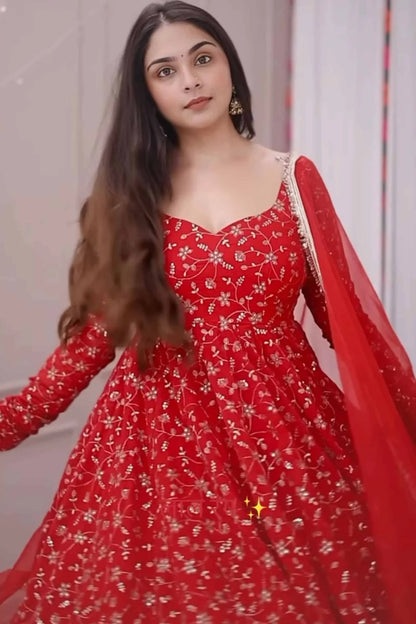 Traditional Red Embroidered Anarkali Suit for Festive & Wedding Wear