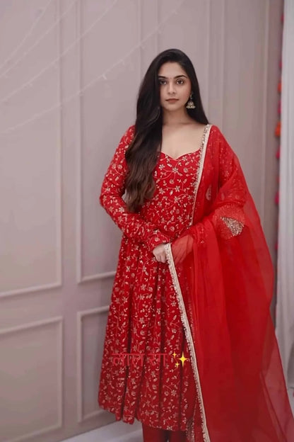 Traditional Red Embroidered Anarkali Suit for Festive & Wedding Wear