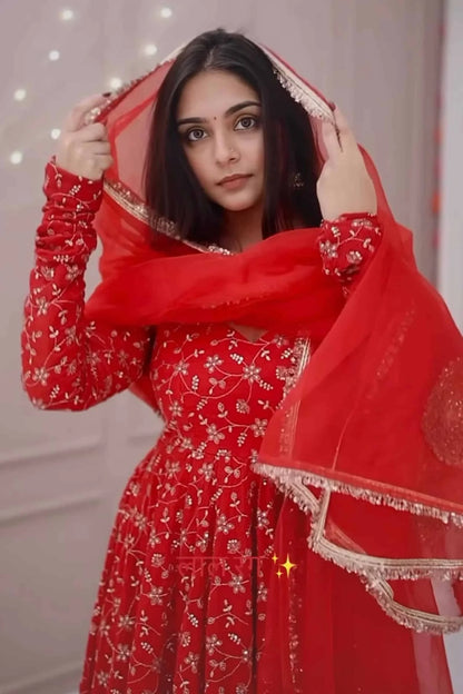 Traditional Red Embroidered Anarkali Suit for Festive & Wedding Wear