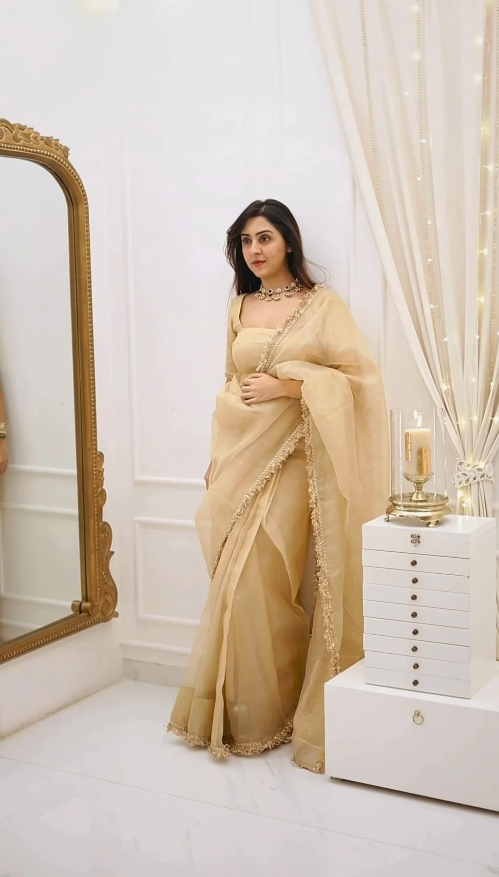 Beige Gold Fendy Silk Saree with Broad Embroidered Border