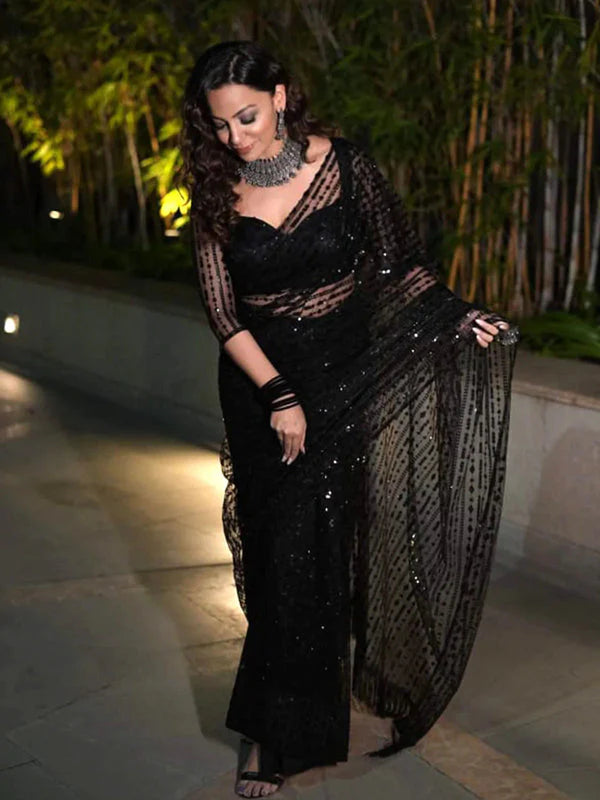 Classic Black Sequin Saree with Designer Unstitched Blouse
