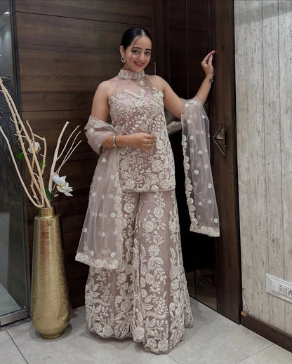 Party Wear Halter Neck Kurta & Palazzo Set with Dupatta in Butterfly Net and Sequin Work