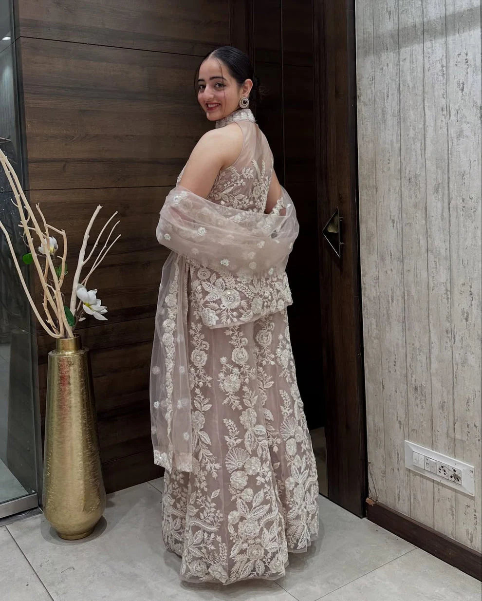 Party Wear Halter Neck Kurta & Palazzo Set with Dupatta in Butterfly Net and Sequin Work