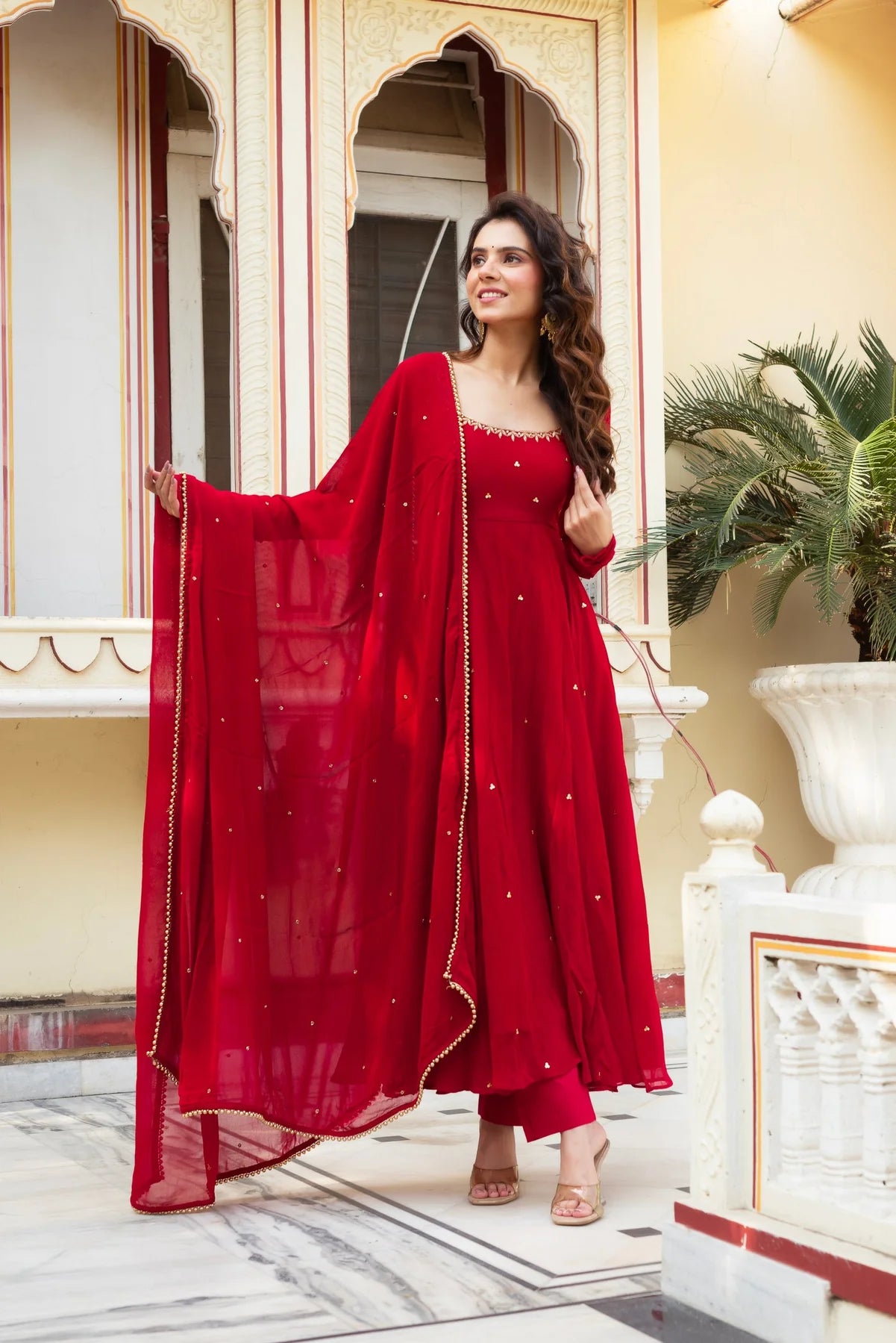 Red Hand-Embroidered Anarkali Suit with Dupatta