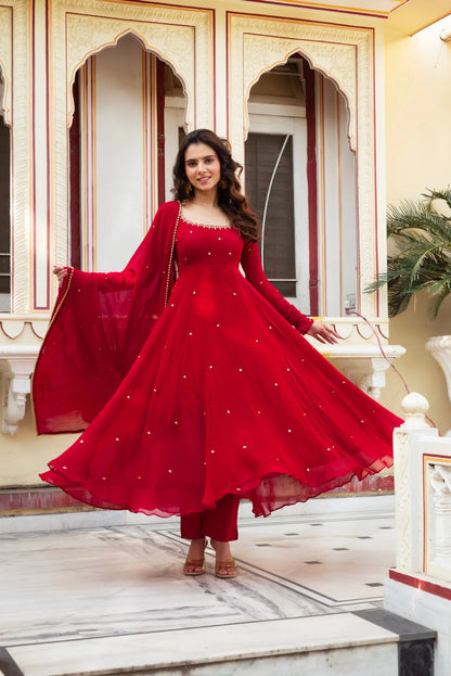 Red Hand-Embroidered Anarkali Suit with Dupatta