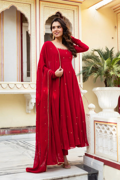 Red Hand-Embroidered Anarkali Suit with Dupatta