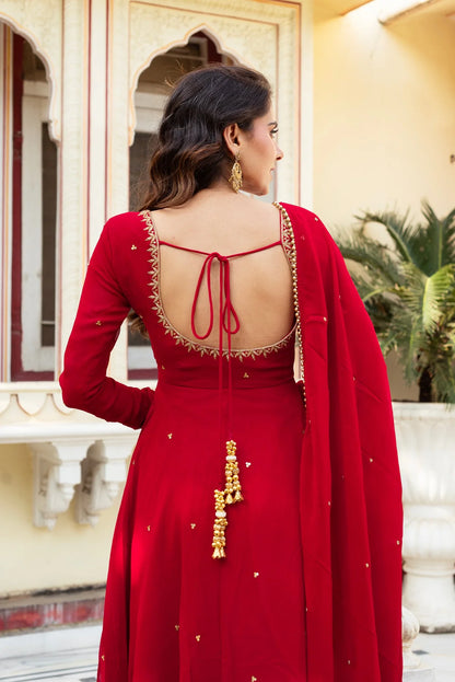 Red Hand-Embroidered Anarkali Suit with Dupatta