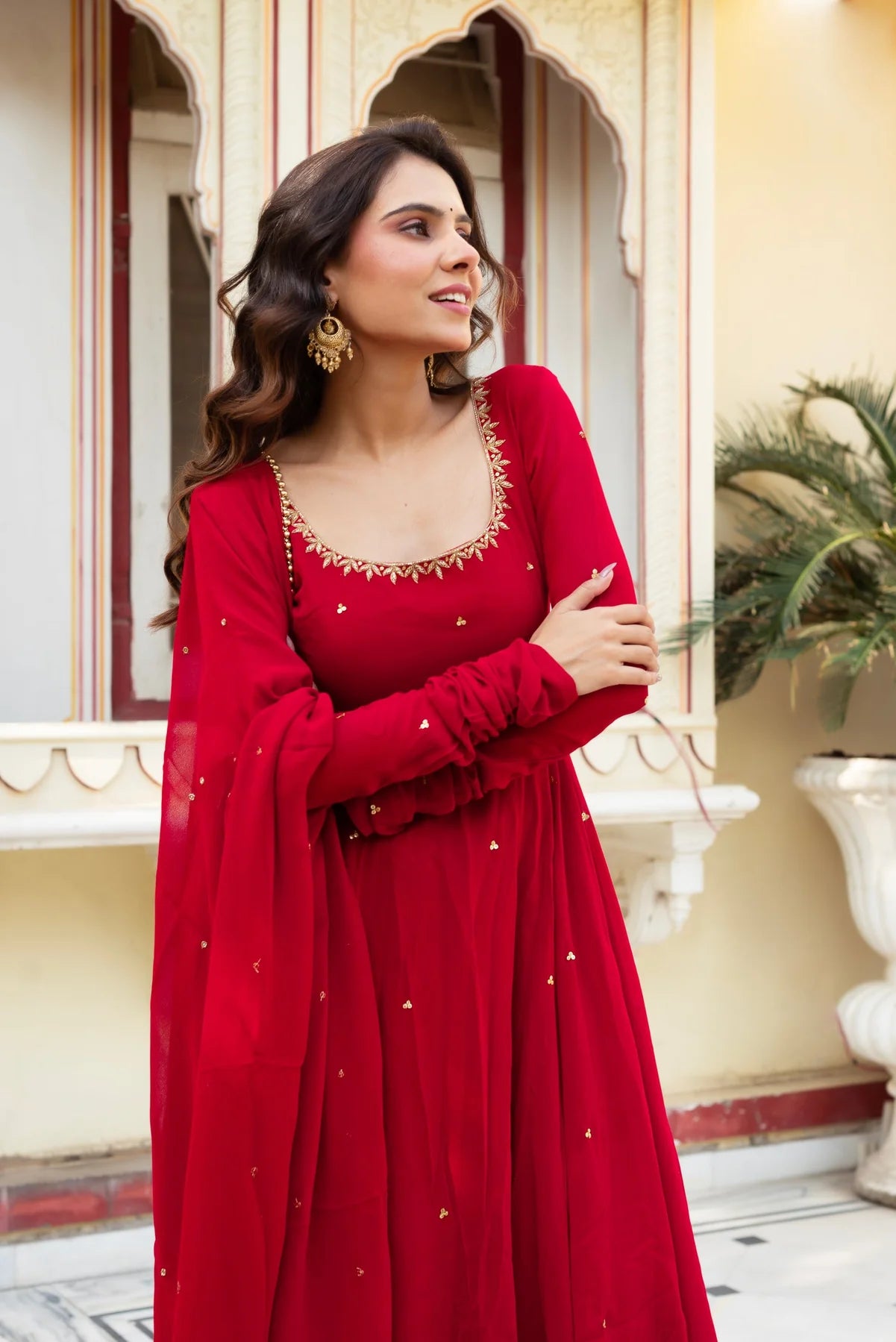 Red Hand-Embroidered Anarkali Suit with Dupatta