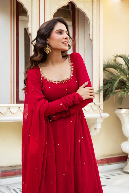 Red Hand-Embroidered Anarkali Suit with Dupatta