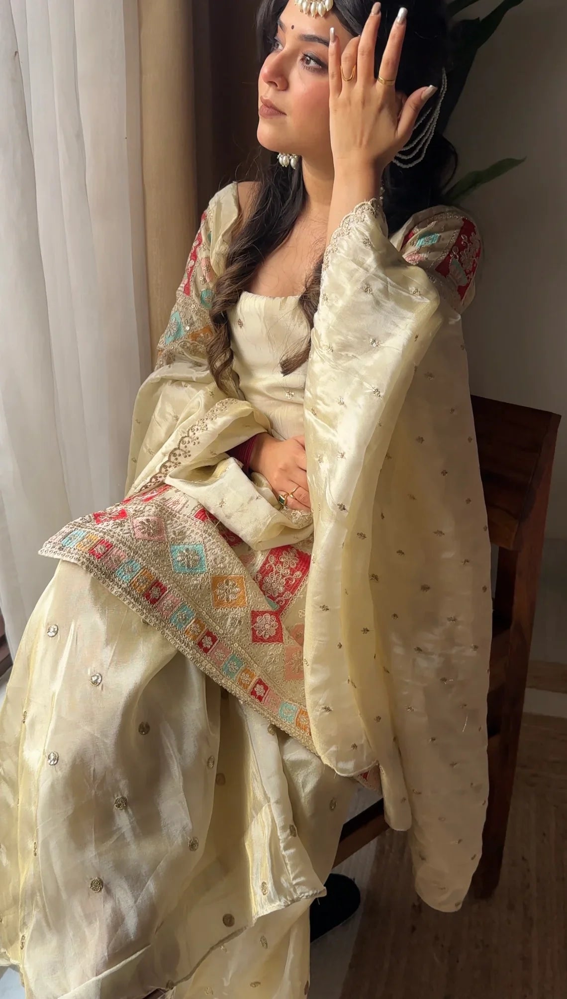 Off White Heavy Work Silk Sharara Set with Dupatta
