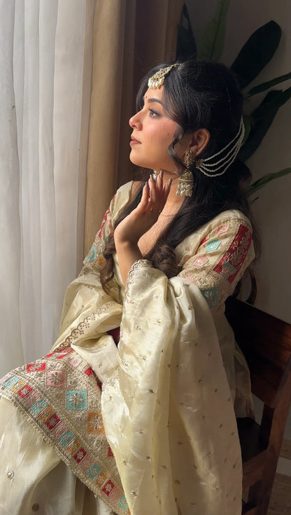 Off White Heavy Work Silk Sharara Set with Dupatta