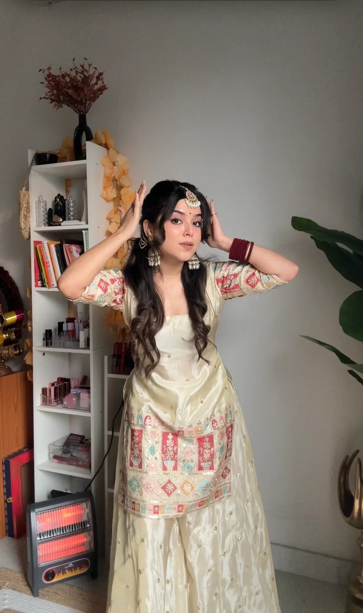 Off White Heavy Work Silk Sharara Set with Dupatta