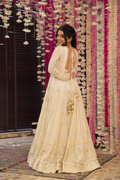 White Lakhnavi Embroidered Anarkali Suit Set with Dupatta