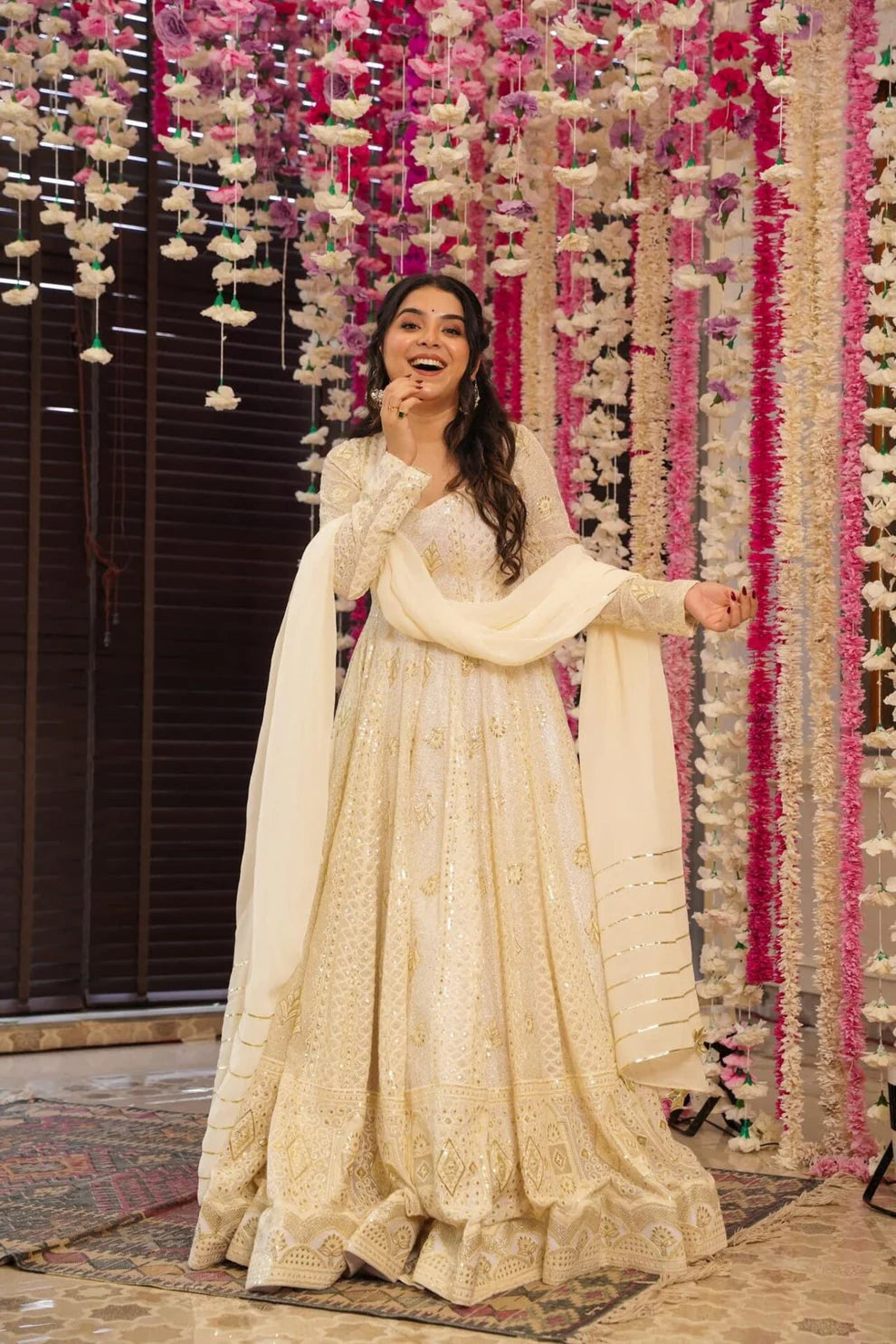 White Lakhnavi Embroidered Anarkali Suit Set with Dupatta