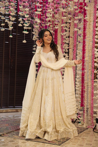 White Lakhnavi Embroidered Anarkali Suit Set with Dupatta