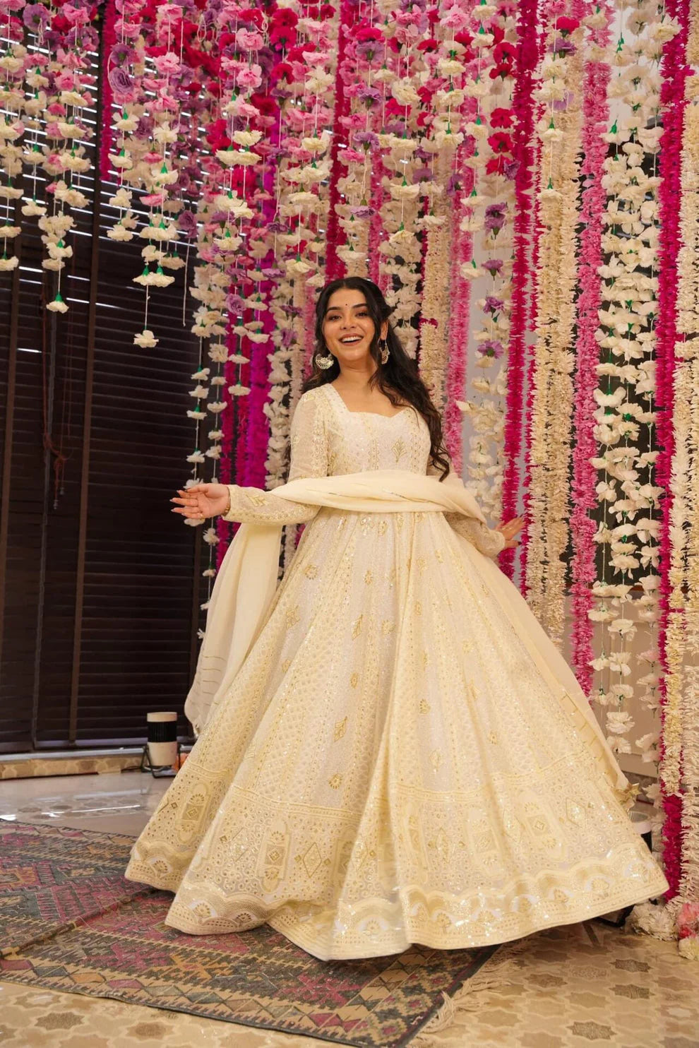 White Lakhnavi Embroidered Anarkali Suit Set with Dupatta