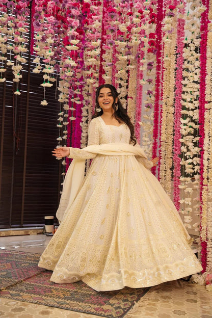 White Lakhnavi Embroidered Anarkali Suit Set with Dupatta