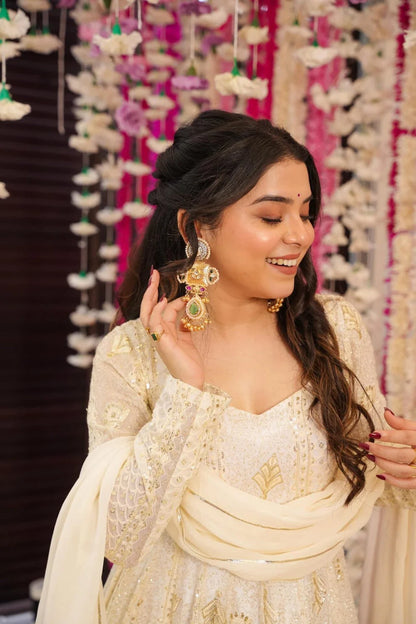 White Lakhnavi Embroidered Anarkali Suit Set with Dupatta