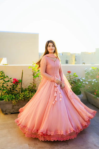 Solid Peach Double-Layered Anarkali Gown with Dupatta