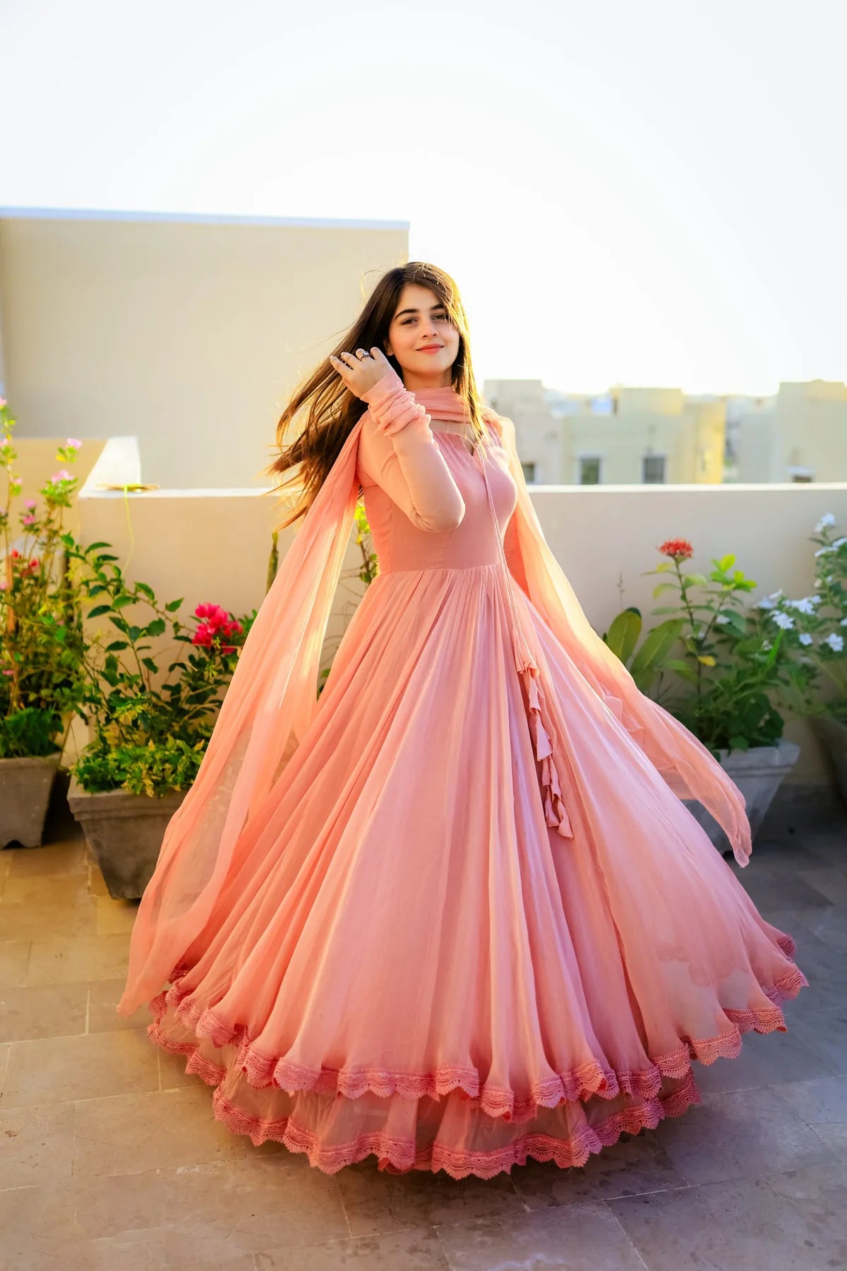 Solid Peach Double-Layered Anarkali Gown with Dupatta