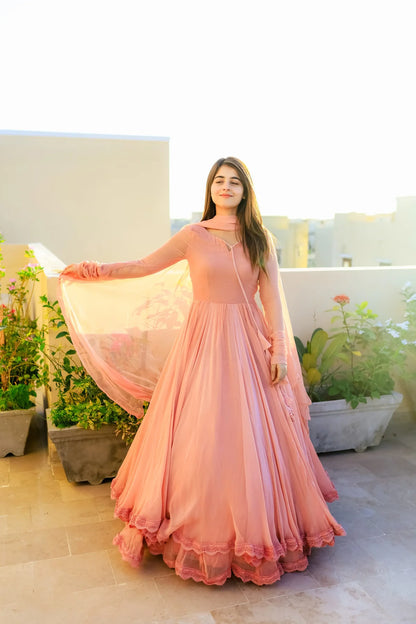 Solid Peach Double-Layered Anarkali Gown with Dupatta