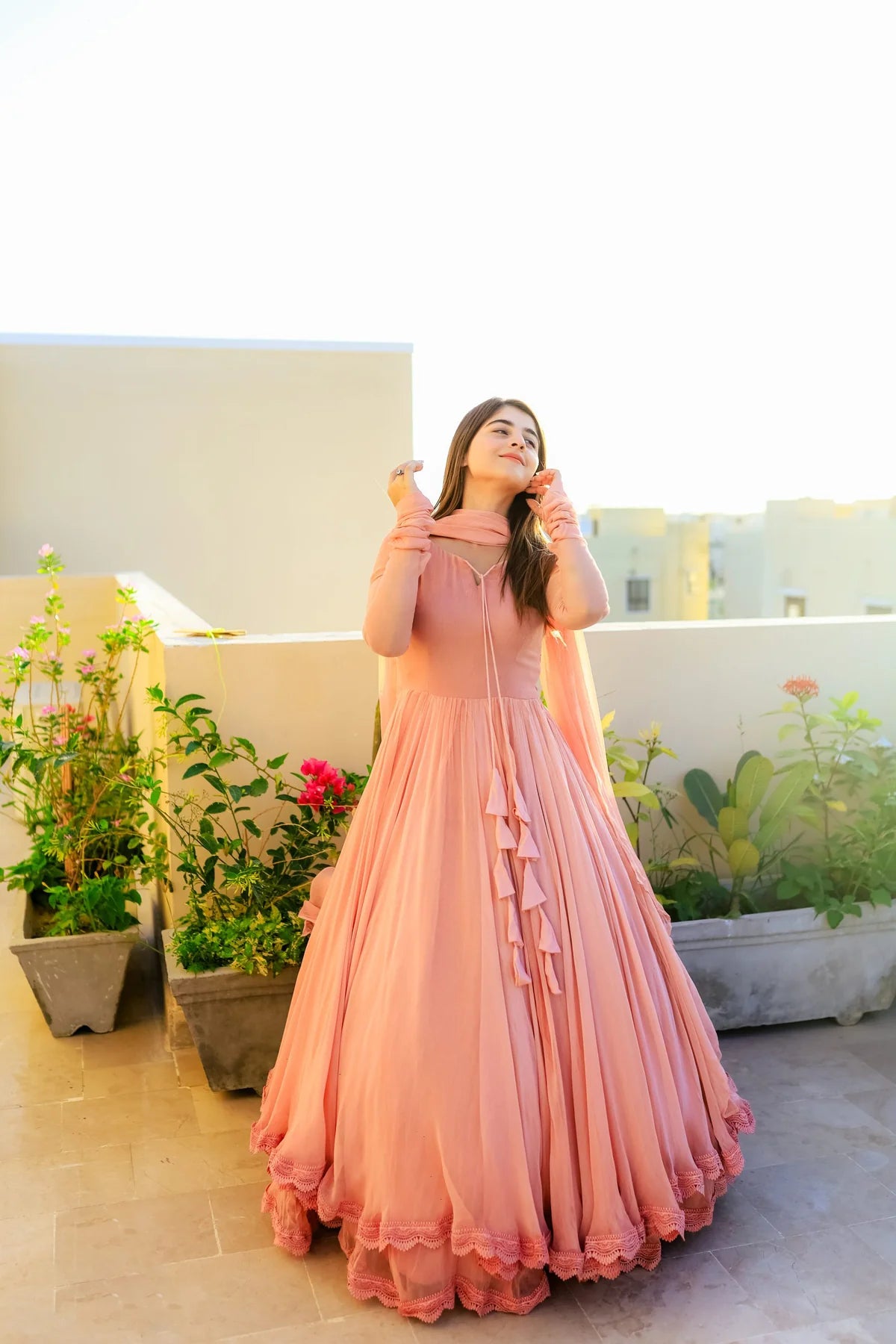 Solid Peach Double-Layered Anarkali Gown with Dupatta