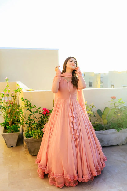 Solid Peach Double-Layered Anarkali Gown with Dupatta