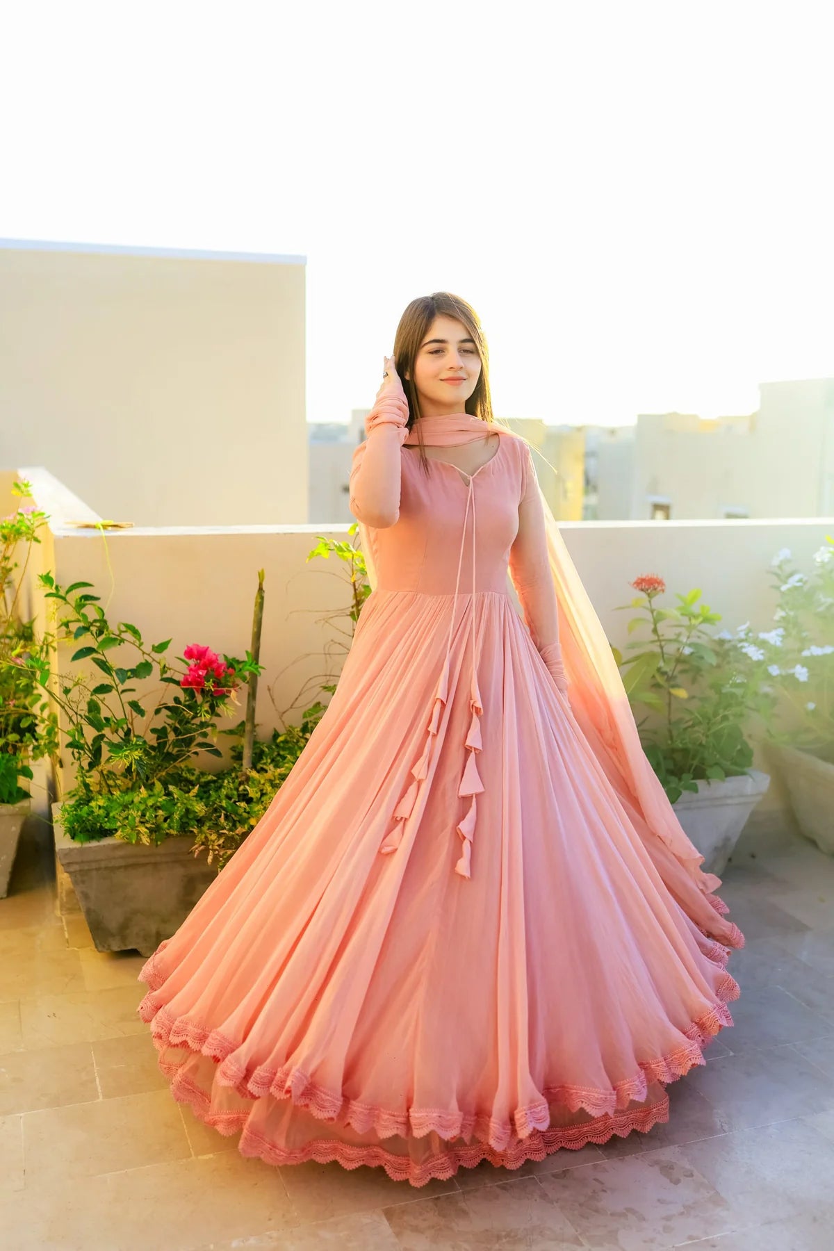 Solid Peach Double-Layered Anarkali Gown with Dupatta