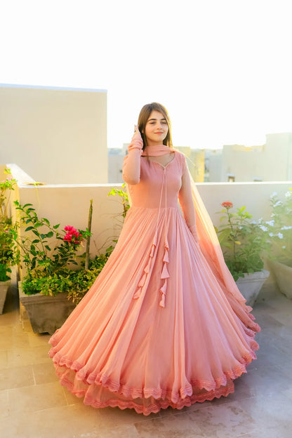 Solid Peach Double-Layered Anarkali Gown with Dupatta