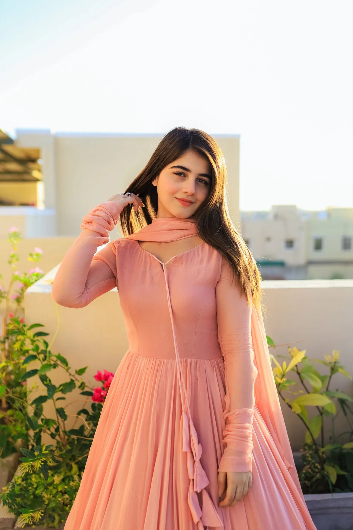 Solid Peach Double-Layered Anarkali Gown with Dupatta