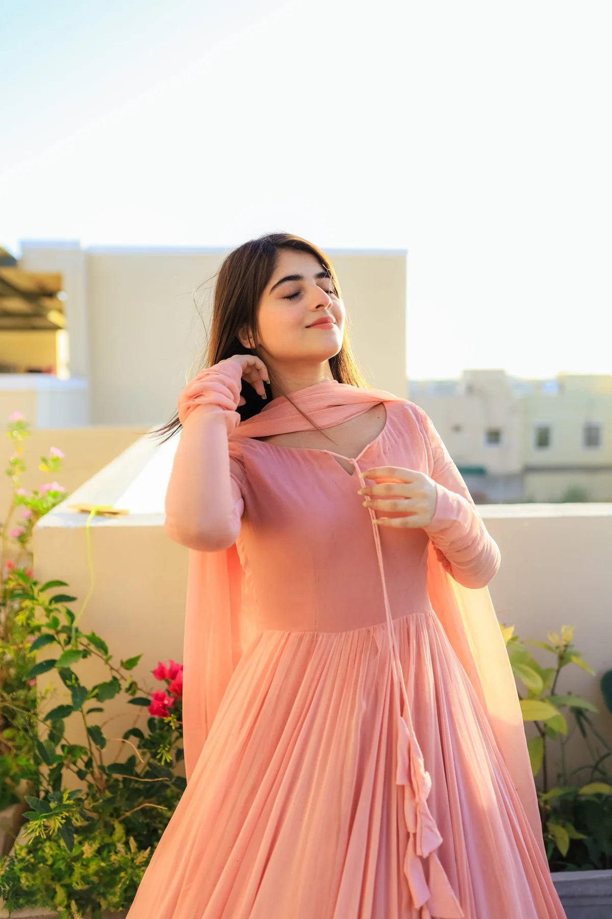 Solid Peach Double-Layered Anarkali Gown with Dupatta