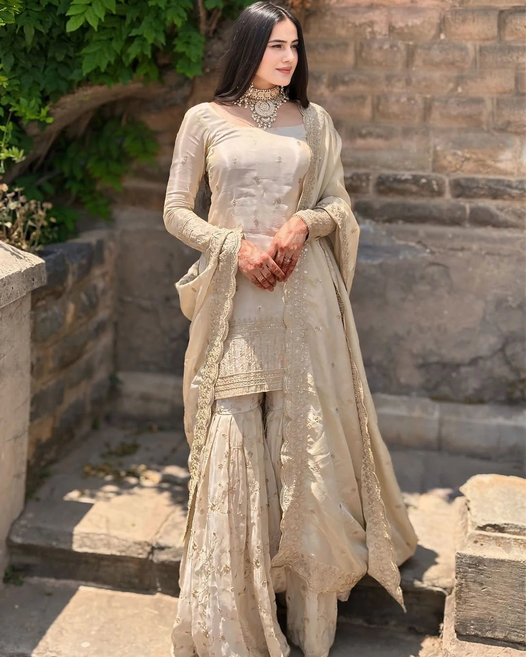 Delightful White Georgette Embroidered Sharara Suit with Dupatta