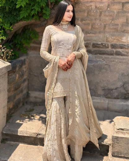 Delightful White Georgette Embroidered Sharara Suit with Dupatta