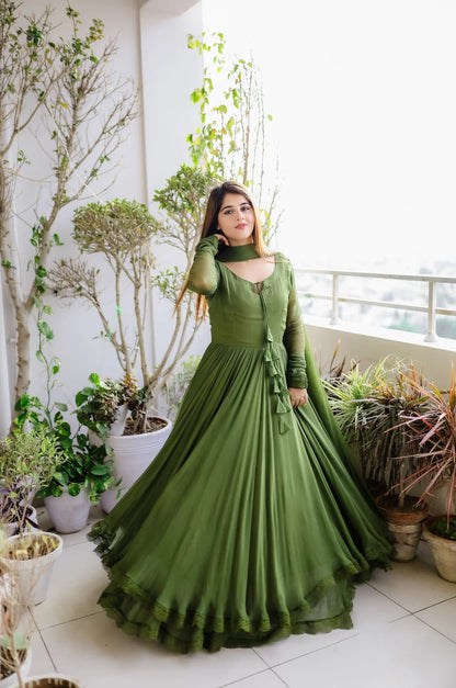Solid Double-Layered Long Flared Anarkali Suit with Dupatta