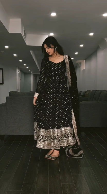 Elegant Black Embroidered Anarkali Suit Set with Dupatta