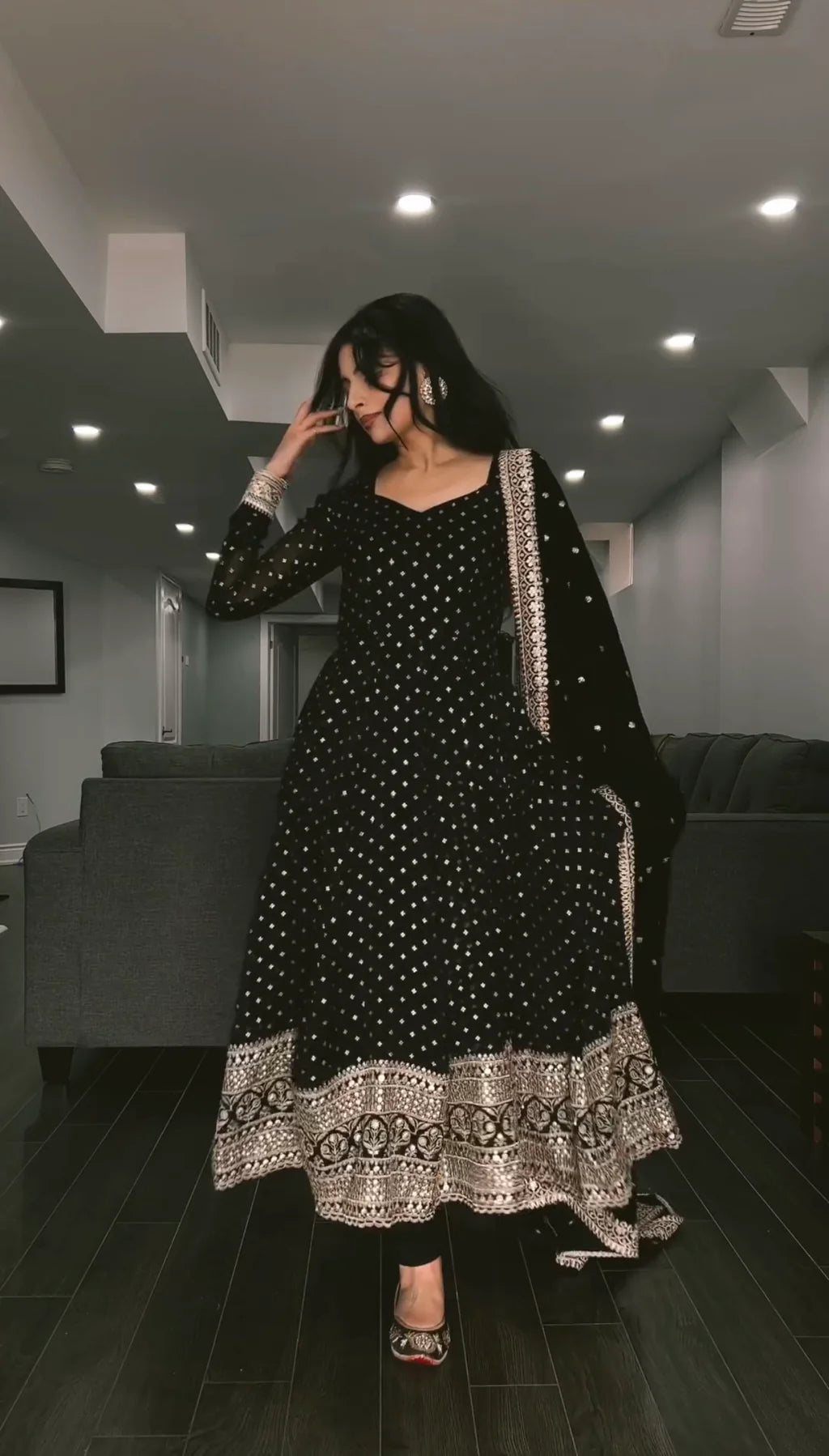 Elegant Black Embroidered Anarkali Suit Set with Dupatta