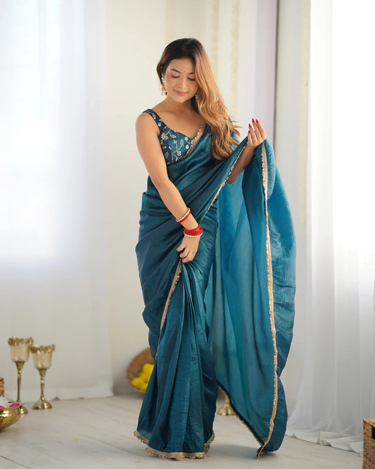 Teal Blue Pre-Draped Tissue Silk Saree with Shimmer Elegance