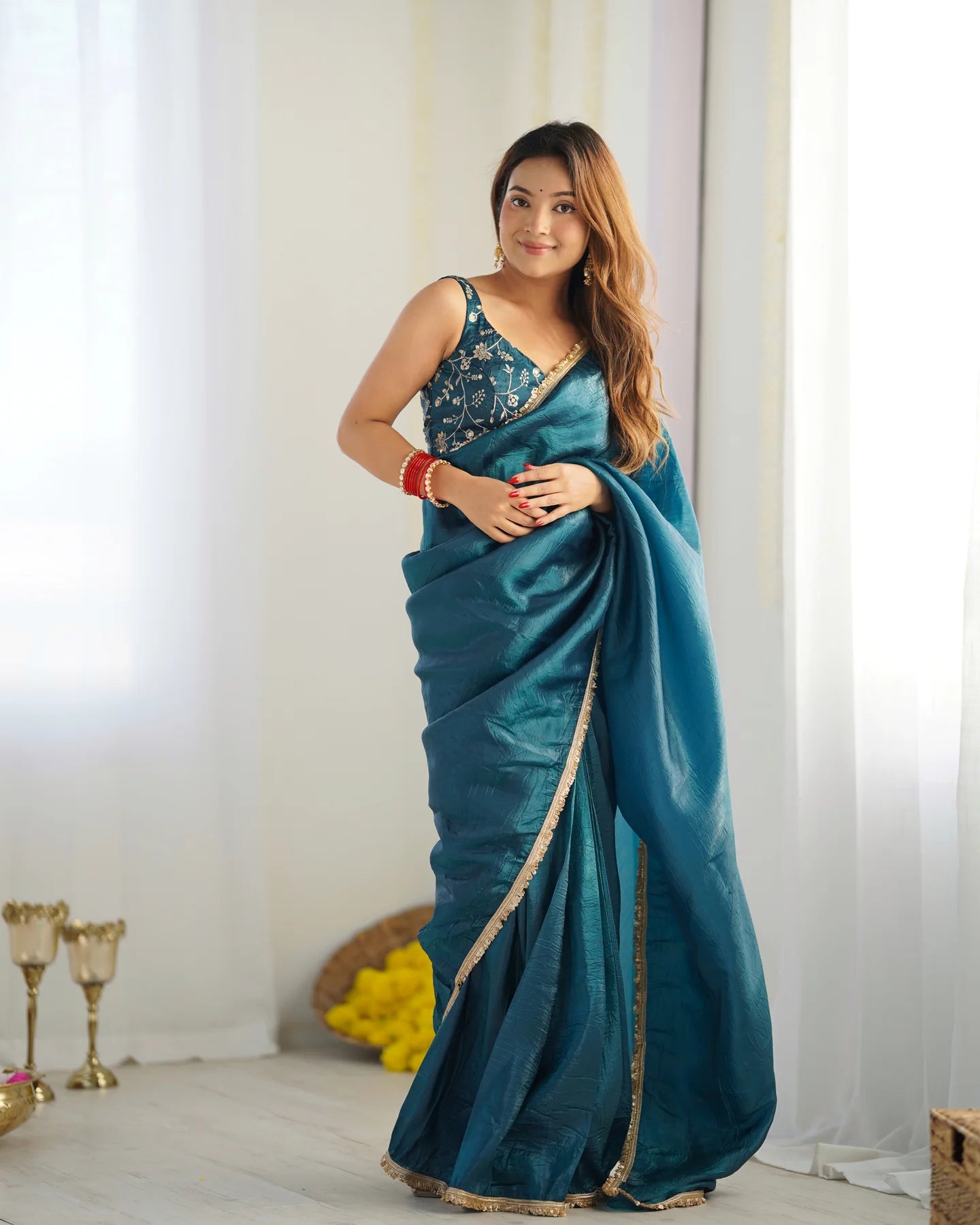 Teal Blue Pre-Draped Tissue Silk Saree with Shimmer Elegance